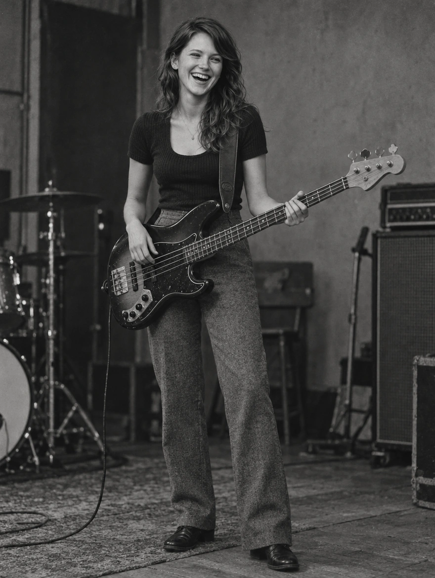 Ellie laughing while holding her bass in the rehearsal room