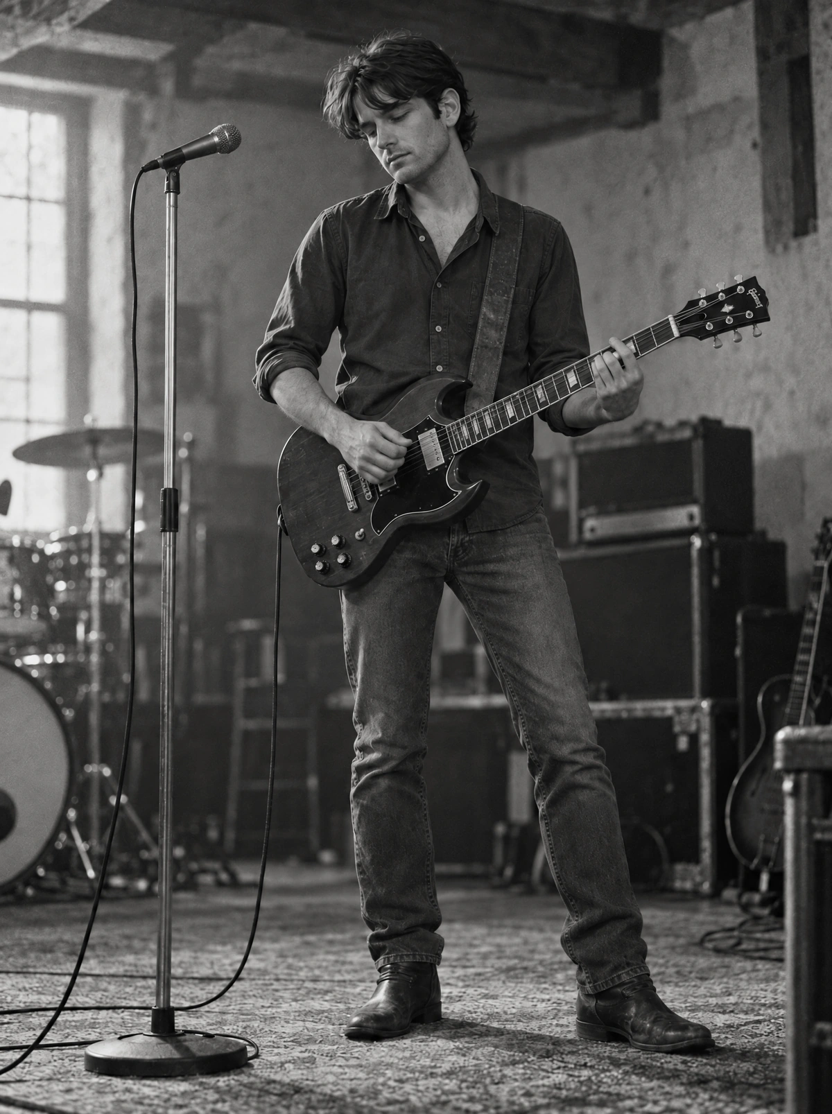 James standing with his Gibson SG guitar in the rehearsal room
