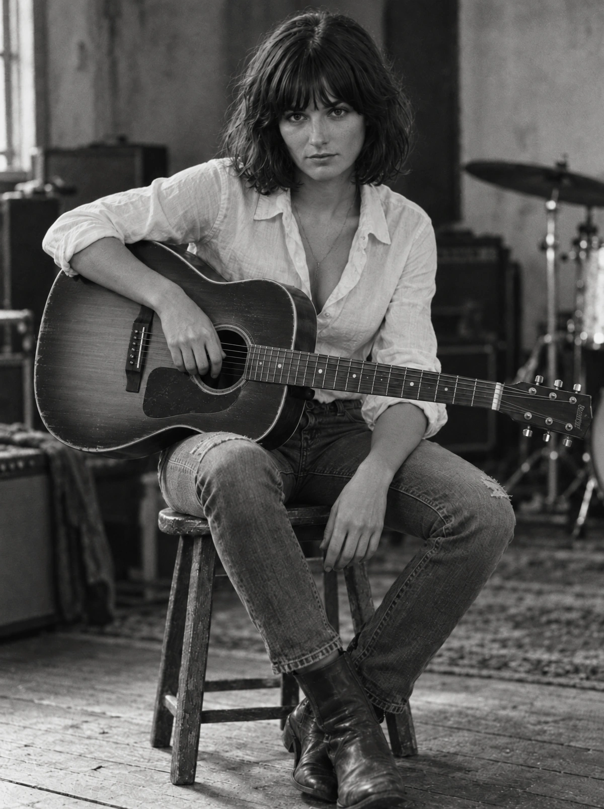 Martha seated with an acoustic guitar in the rehearsal room