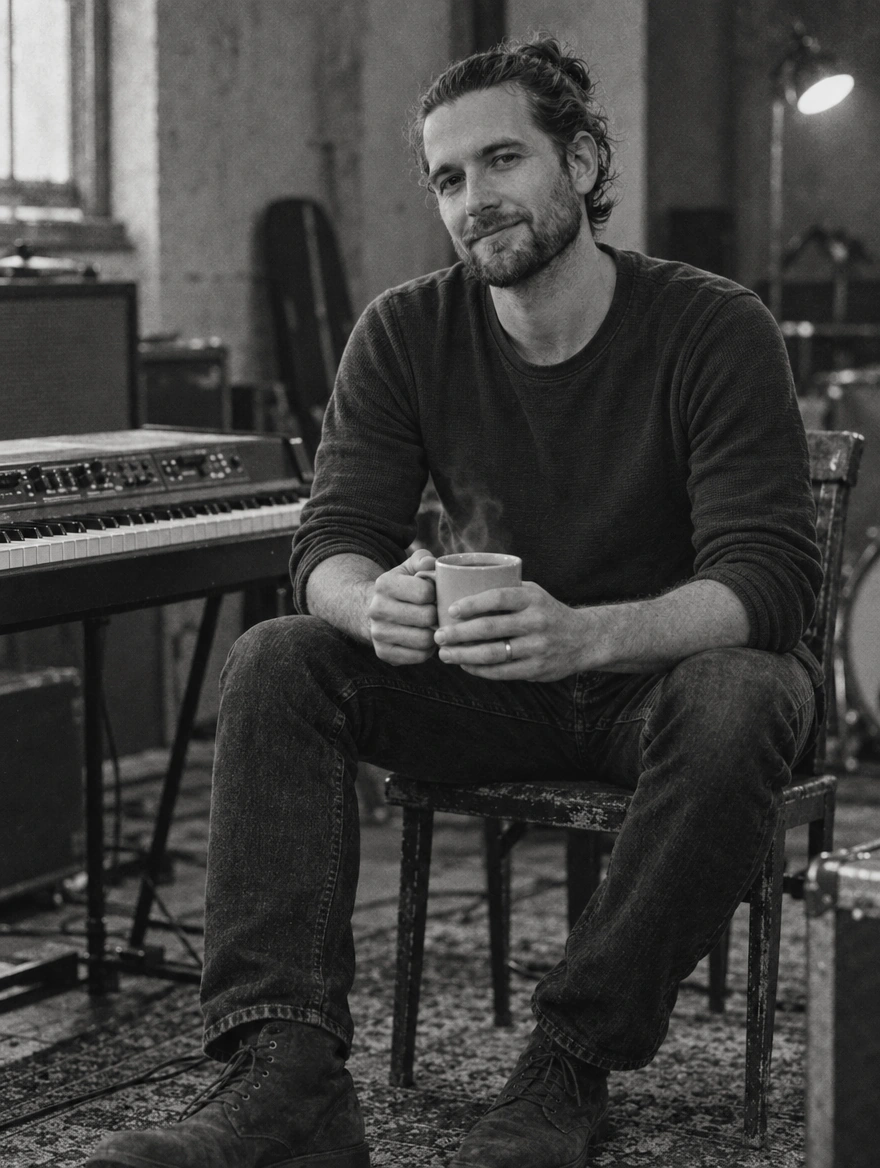 Oliver holding a mug beside his keyboard in the rehearsal room