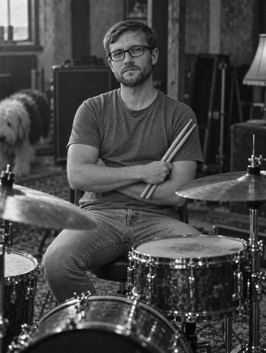 Dan seated behind his drum kit, holding drumsticks, with Maisie in the background